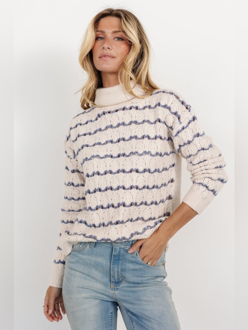 Baltic Born Hollis Knit Sweater Ivory Blue Striped Open Knit Turtleneck Sz M